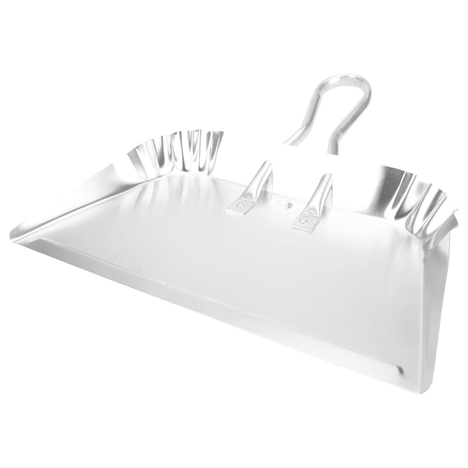 Lightweight rustproof aluminum dustpan with reinforced edges, built-in dimples to stay flat, and hanging loops secured by oversized rivets, ideal for Home & Decor and Household Cleaning collections.