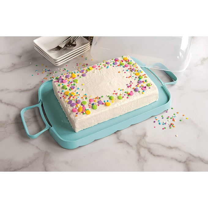 Reversible cake and cupcake carrier with a scalloped red edge and snap-lock handles, featuring a clear domed lid and designed for versatile baking storage in Kitchen & Food and Baking Supplies collections.