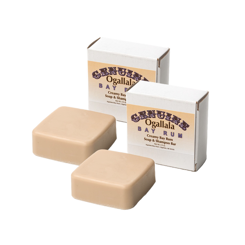 Two handcrafted creamy bay rum soap and shampoo bars with packaging, made in USA, featured in Health & Wellness, Grooming and Personal Hygiene, Soaps and Soapmaking, and Best Sellers collections.