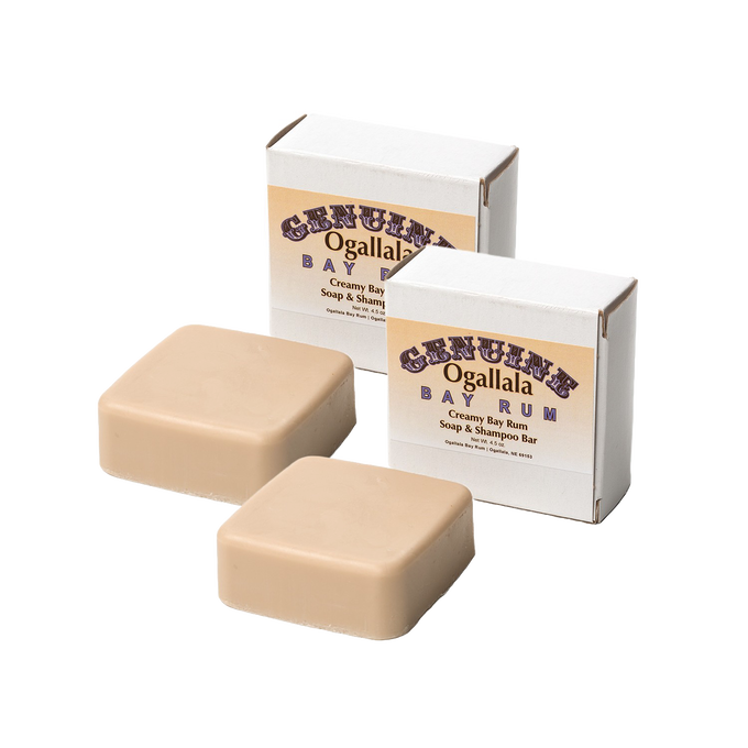 Two handcrafted creamy bay rum soap and shampoo bars with packaging, made in USA, featured in Health & Wellness, Grooming and Personal Hygiene, Soaps and Soapmaking, and Best Sellers collections.