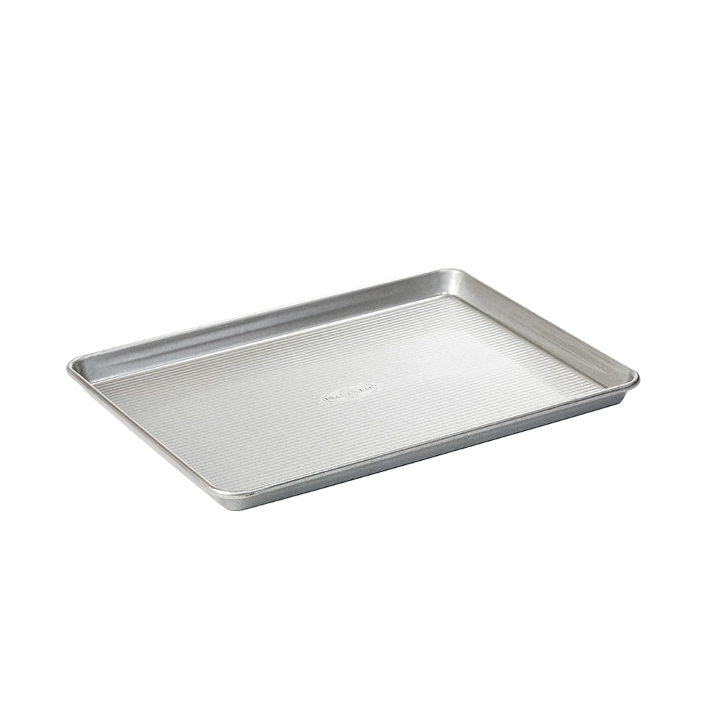 Aluminized steel jelly roll pan with ribbed surface for even heat distribution, ideal for baking cakes and pastries, part of Kitchen & Food, Baking Supplies, and USA Made collections.