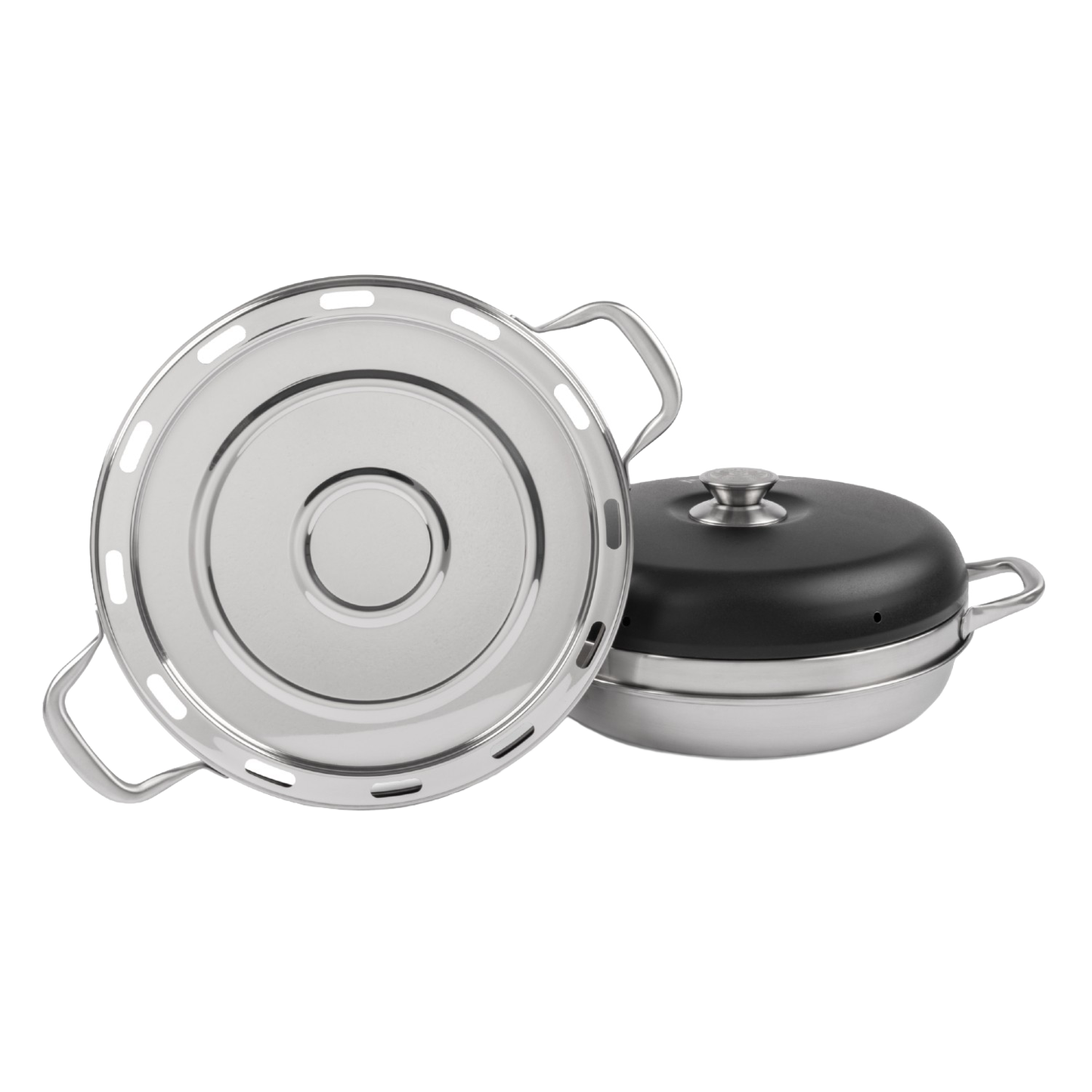 Round stainless steel pizza baking tray with dual handles and ventilation slots, designed for use in camping ovens to achieve crispy results, featured in Farm, Garden & Tool, Camping, Best Sellers, and Promo Eligible collections.