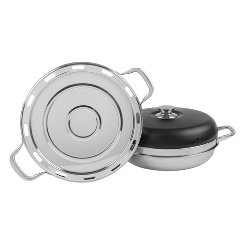 Round stainless steel pizza baking tray with dual handles and ventilation slots, designed for use in camping ovens to achieve crispy results, featured in Farm, Garden & Tool, Camping, Best Sellers, and Promo Eligible collections.
