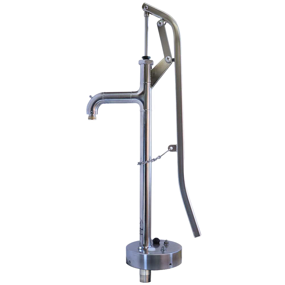 Handmade stainless steel deep well pump head with a durable lever design, crafted in the USA and featured in water pumps and appliance collections.