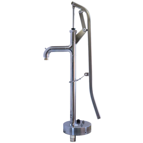 Handmade stainless steel deep well pump head with a durable lever design, crafted in the USA and featured in water pumps and appliance collections.