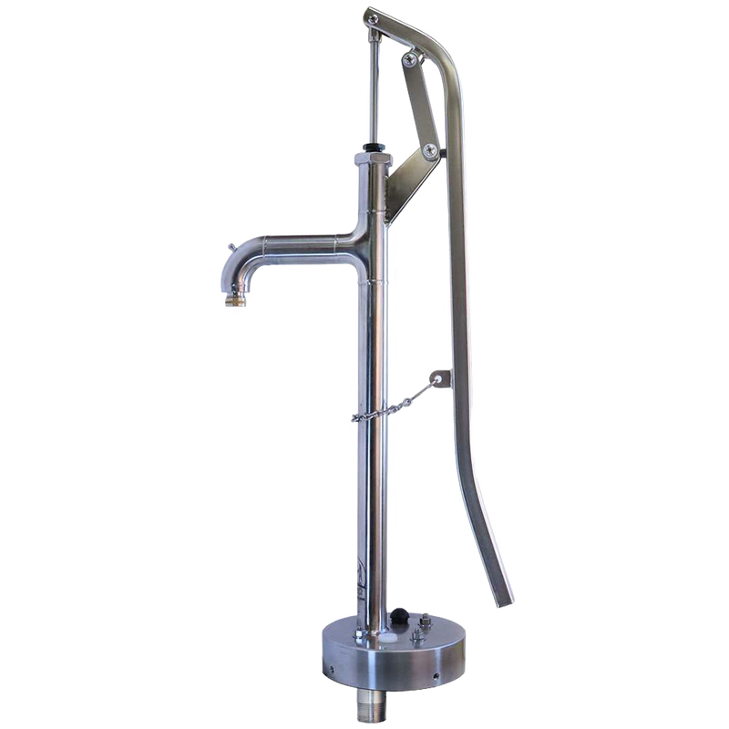 Handmade stainless steel deep well pump head with a durable lever design, crafted in the USA and featured in water pumps and appliance collections.