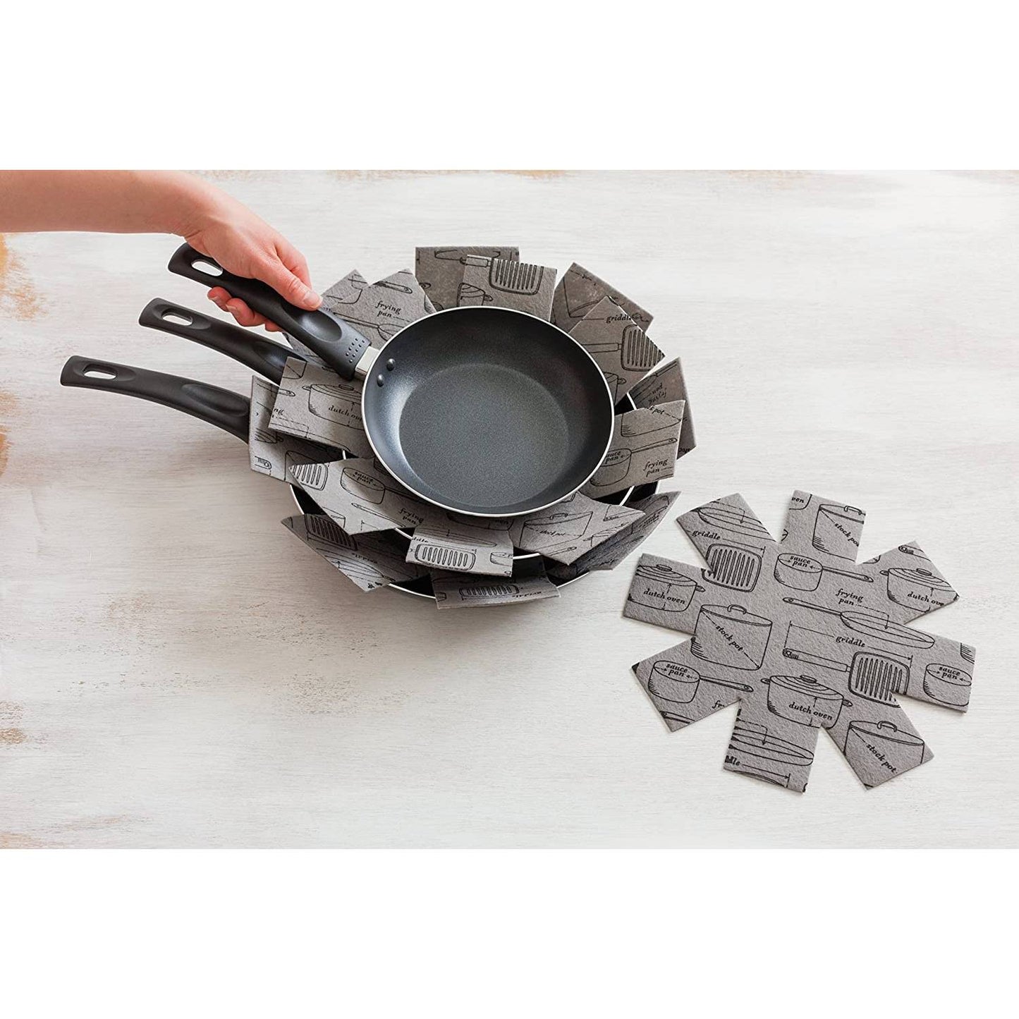 Set of three soft felt pan protectors in small, medium, and large sizes with printed cookware designs, made to cushion pots and prevent scratches in Kitchen & Food and Cookware collections.