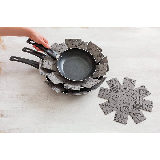 Set of three soft felt pan protectors in small, medium, and large sizes with printed cookware designs, made to cushion pots and prevent scratches in Kitchen & Food and Cookware collections.