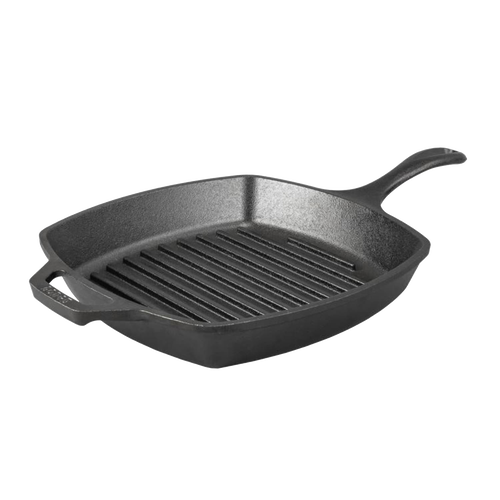 Square cast iron grill pan with seasoned ridges and dual handles, handcrafted in the USA, perfect for Kitchen & Food, Cookware, Cast Iron, and Best Sellers collections.