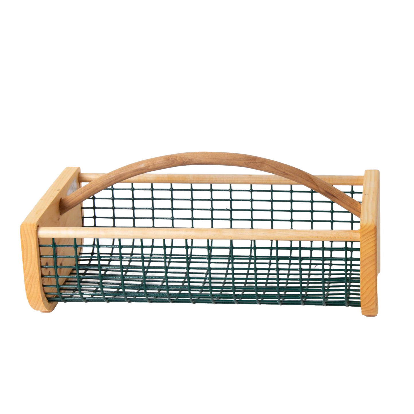 Handcrafted garden hod with wooden ends and arched handle, featuring a green wire mesh body for carrying and washing harvests, made in USA, part of Farm, Garden & Tool and Best Sellers collections.