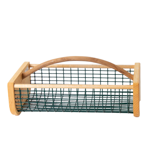 Handcrafted garden hod with wooden ends and arched handle, featuring a green wire mesh body for carrying and washing harvests, made in USA, part of Farm, Garden & Tool and Best Sellers collections.