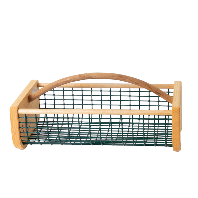 Handcrafted garden hod with wooden ends and arched handle, featuring a green wire mesh body for carrying and washing harvests, made in USA, part of Farm, Garden & Tool and Best Sellers collections.