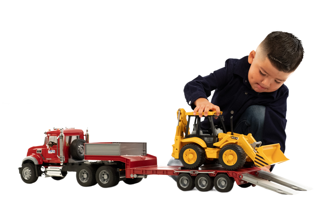 Bruder Toys MACK Granite Truck with Lowboy Trailer & JCB 4CX Backhoe Loader