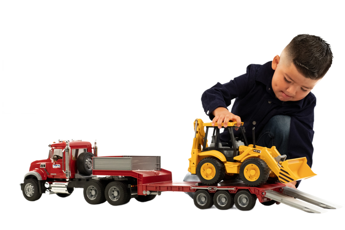 Bruder Toys MACK Granite Truck with Lowboy Trailer & JCB 4CX Backhoe Loader