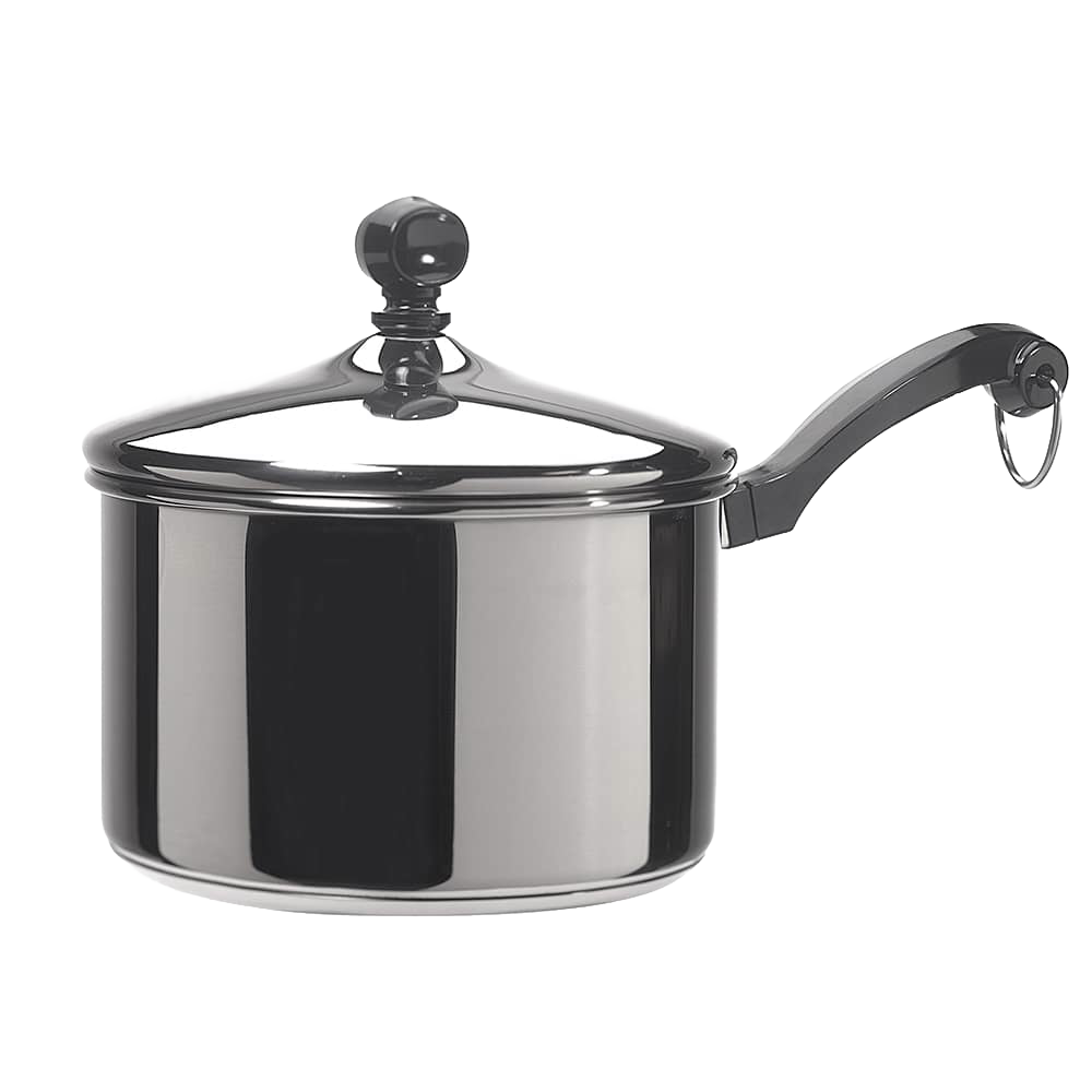 Classic-style stainless steel covered saucepan with a mirror finish and comfortable handle, featuring a thick aluminum core for even heating, ideal for Kitchen & Food and Cookware collections.