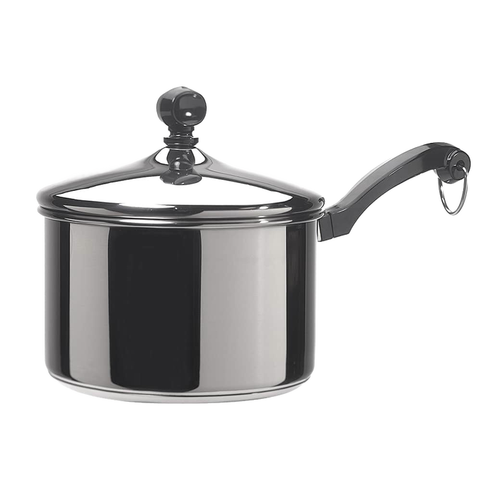 Classic-style stainless steel covered saucepan with a mirror finish and comfortable handle, featuring a thick aluminum core for even heating, ideal for Kitchen & Food and Cookware collections.