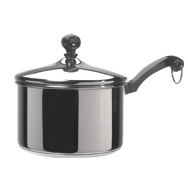 Classic-style stainless steel covered saucepan with a mirror finish and comfortable handle, featuring a thick aluminum core for even heating, ideal for Kitchen & Food and Cookware collections.
