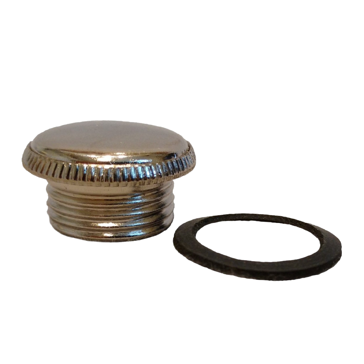 Handcrafted nickel-plated solid brass filler plug with threaded design and rubber washer, compatible with select deluxe oil lamps, featured in Lamps & Lighting and Parts and Accessories collections.