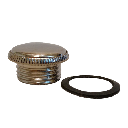 Handcrafted nickel-plated solid brass filler plug with threaded design and rubber washer, compatible with select deluxe oil lamps, featured in Lamps & Lighting and Parts and Accessories collections.