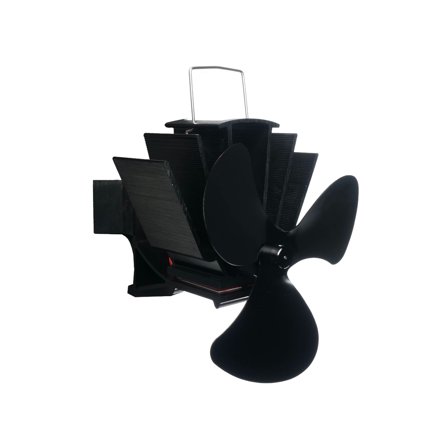 Black magnetic stove fan with three uniquely shaped blades and stacked metal heat fins, designed to mount on wood stove flue pipes for efficient heat circulation; featured in Stoves, Hearth Accessories, Best Sellers, Promo Eligible, and All Stoves & Appliances collections.