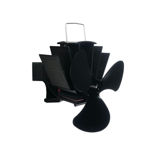 Black magnetic stove fan with three uniquely shaped blades and stacked metal heat fins, designed to mount on wood stove flue pipes for efficient heat circulation; featured in Stoves, Hearth Accessories, Best Sellers, Promo Eligible, and All Stoves & Appliances collections.