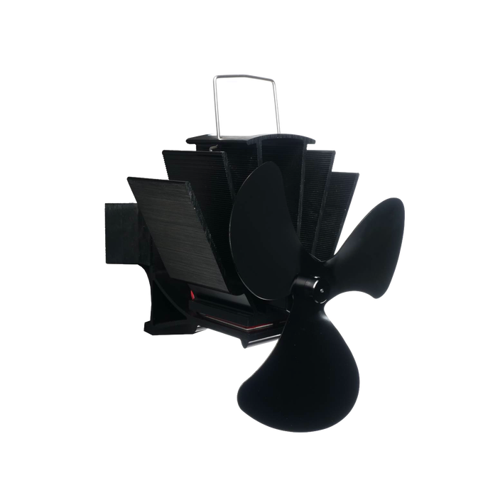 Black magnetic stove fan with three uniquely shaped blades and stacked metal heat fins, designed to mount on wood stove flue pipes for efficient heat circulation; featured in Stoves, Hearth Accessories, Best Sellers, Promo Eligible, and All Stoves & Appliances collections.