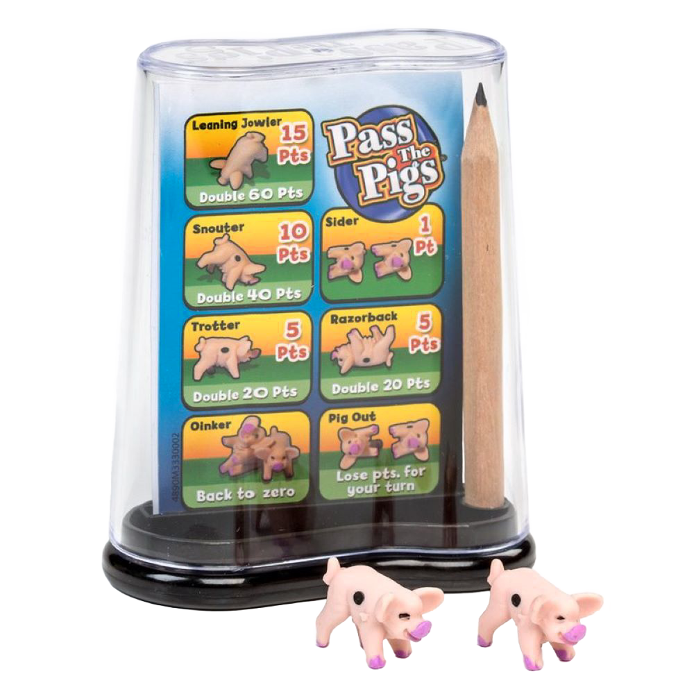 Compact game set featuring two small plastic pig dice, a scoring guide with colorful point values, and a wooden pencil, ideal for Toys, Books & Games and Table and Board Games collections.