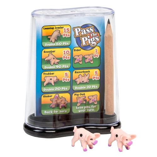 Compact game set featuring two small plastic pig dice, a scoring guide with colorful point values, and a wooden pencil, ideal for Toys, Books & Games and Table and Board Games collections.