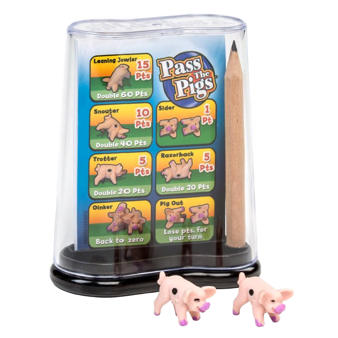 Compact game set featuring two small plastic pig dice, a scoring guide with colorful point values, and a wooden pencil, ideal for Toys, Books & Games and Table and Board Games collections.