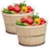 Two handcrafted poplar wood bushel baskets filled with red, green, and yellow bell peppers, ideal for Farm, Garden & Tool, Garden Accessories, USA Made, and Best Sellers collections.