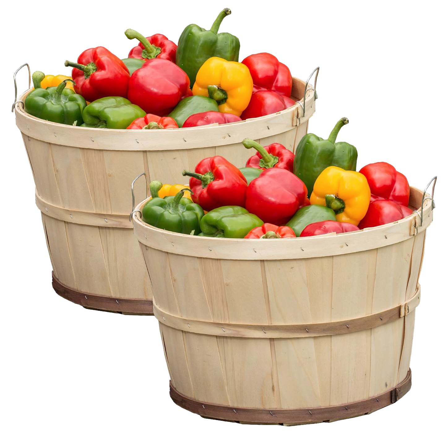 Two handcrafted poplar wood bushel baskets filled with red, green, and yellow bell peppers, ideal for Farm, Garden & Tool, Garden Accessories, USA Made, and Best Sellers collections.