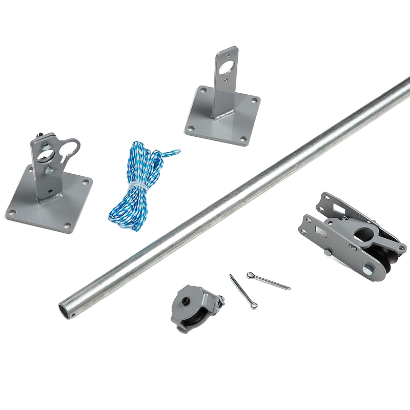 Galvanized steel pole kit with mounting brackets, nylon rope, and pulley components designed for raising clotheslines, handmade in USA and featured in Home & Decor and Laundry Supplies collections.