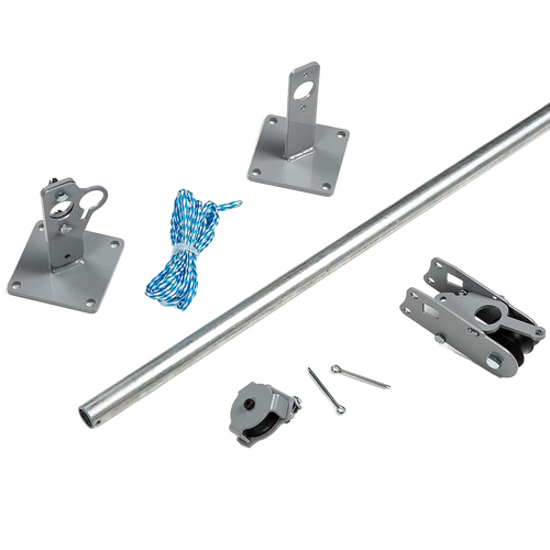 Galvanized steel pole kit with mounting brackets, nylon rope, and pulley components designed for raising clotheslines, handmade in USA and featured in Home & Decor and Laundry Supplies collections.