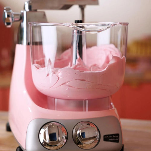 Pink stand mixer bowl filled with thick batter attached to a retro-style base, ideal for Kitchen & Food, Baking Supplies, Cookware, and Kitchen Gadgets collections.