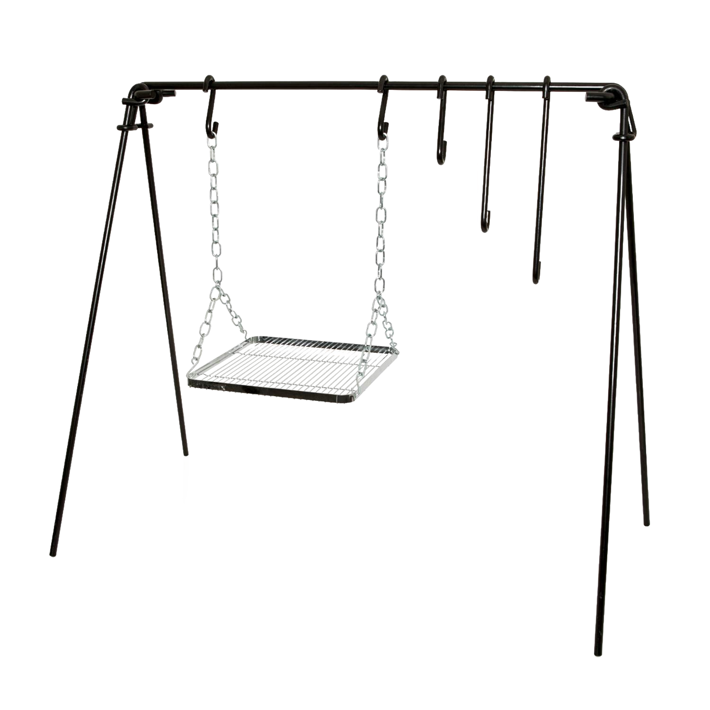 Sturdy coated steel fire bridge with four legs, chain-hung grilling grate, and adjustable hooks for versatile outdoor cooking; featured in Camping, Grilling, and Farm & Garden collections.