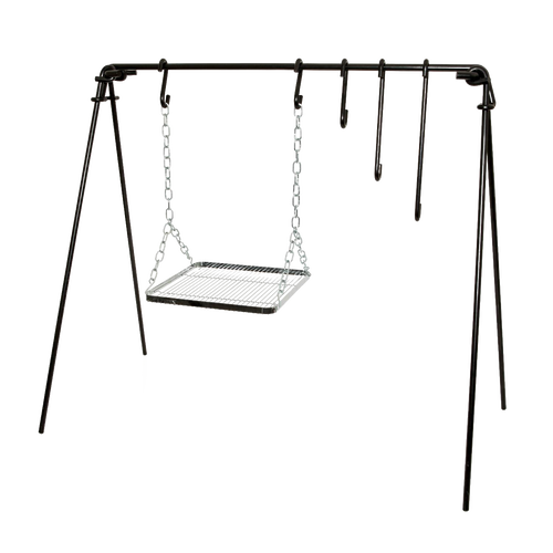 Sturdy coated steel fire bridge with four legs, chain-hung grilling grate, and adjustable hooks for versatile outdoor cooking; featured in Camping, Grilling, and Farm & Garden collections.