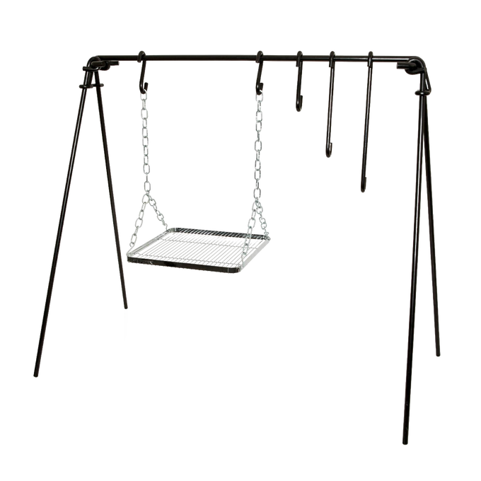 Sturdy coated steel fire bridge with four legs, chain-hung grilling grate, and adjustable hooks for versatile outdoor cooking; featured in Camping, Grilling, and Farm & Garden collections.