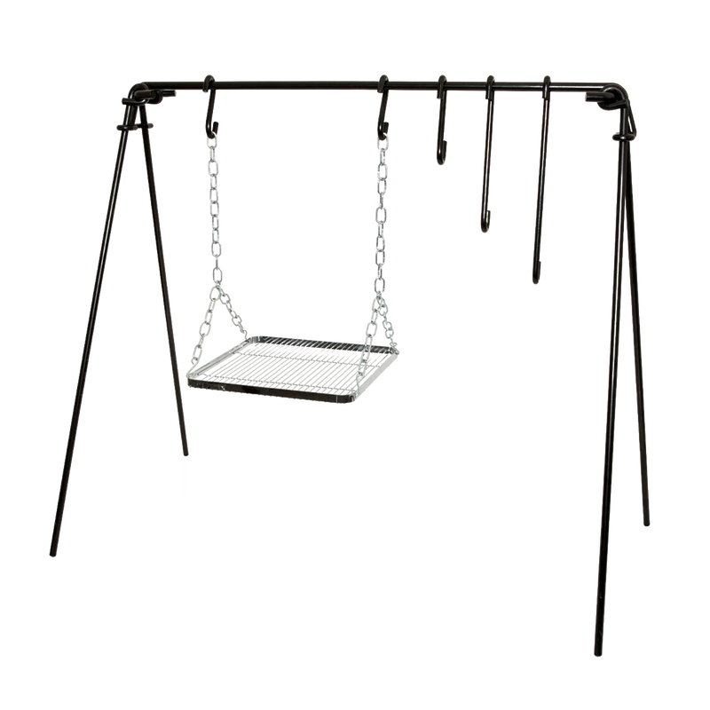 Sturdy coated steel fire bridge with four legs, chain-hung grilling grate, and adjustable hooks for versatile outdoor cooking; featured in Camping, Grilling, and Farm & Garden collections.