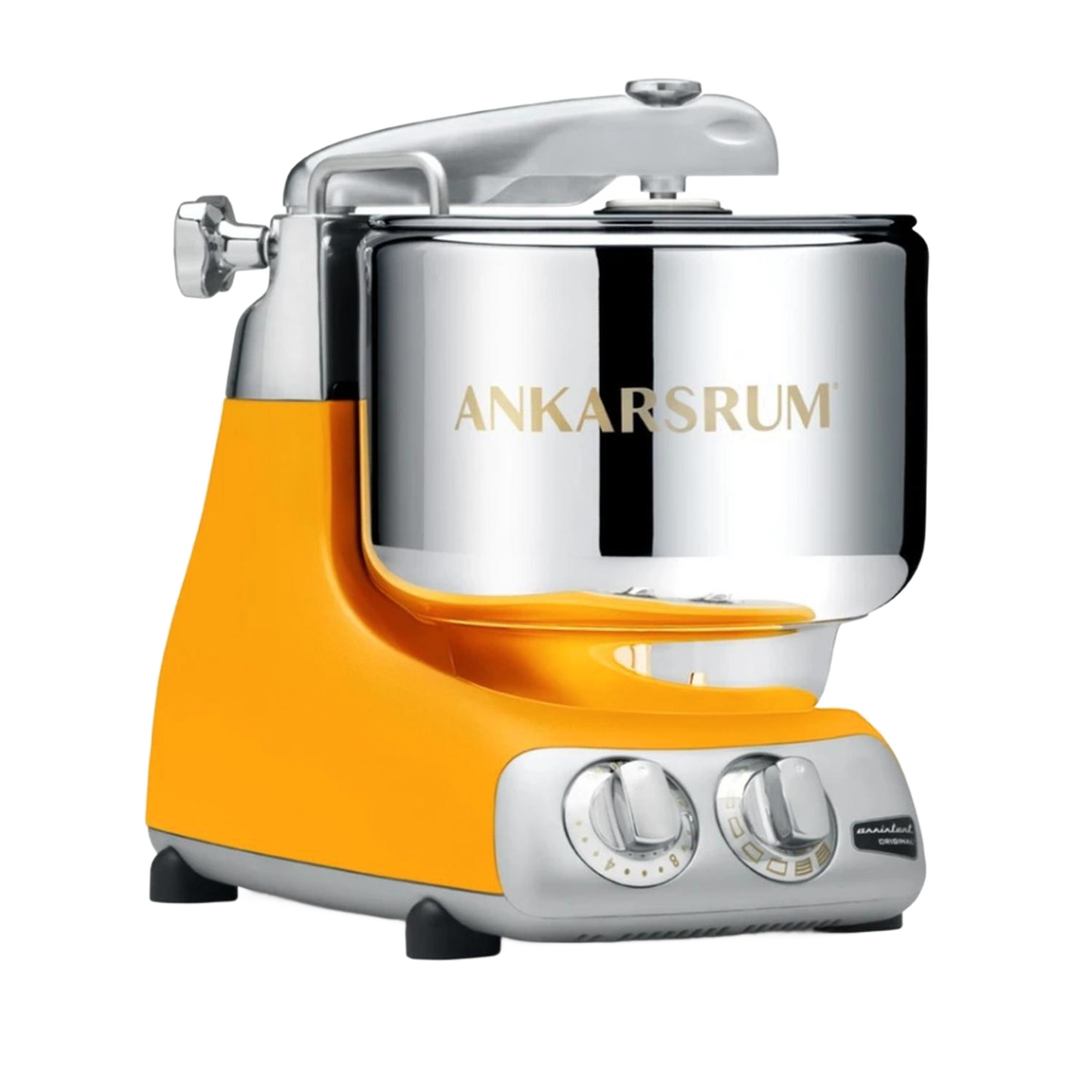 Unique handcrafted stand mixer in bright yellow with polished stainless steel bowl and dual control dials, featured in Kitchen & Food, Baking Supplies, and Cooking and Baking Helpers collections.