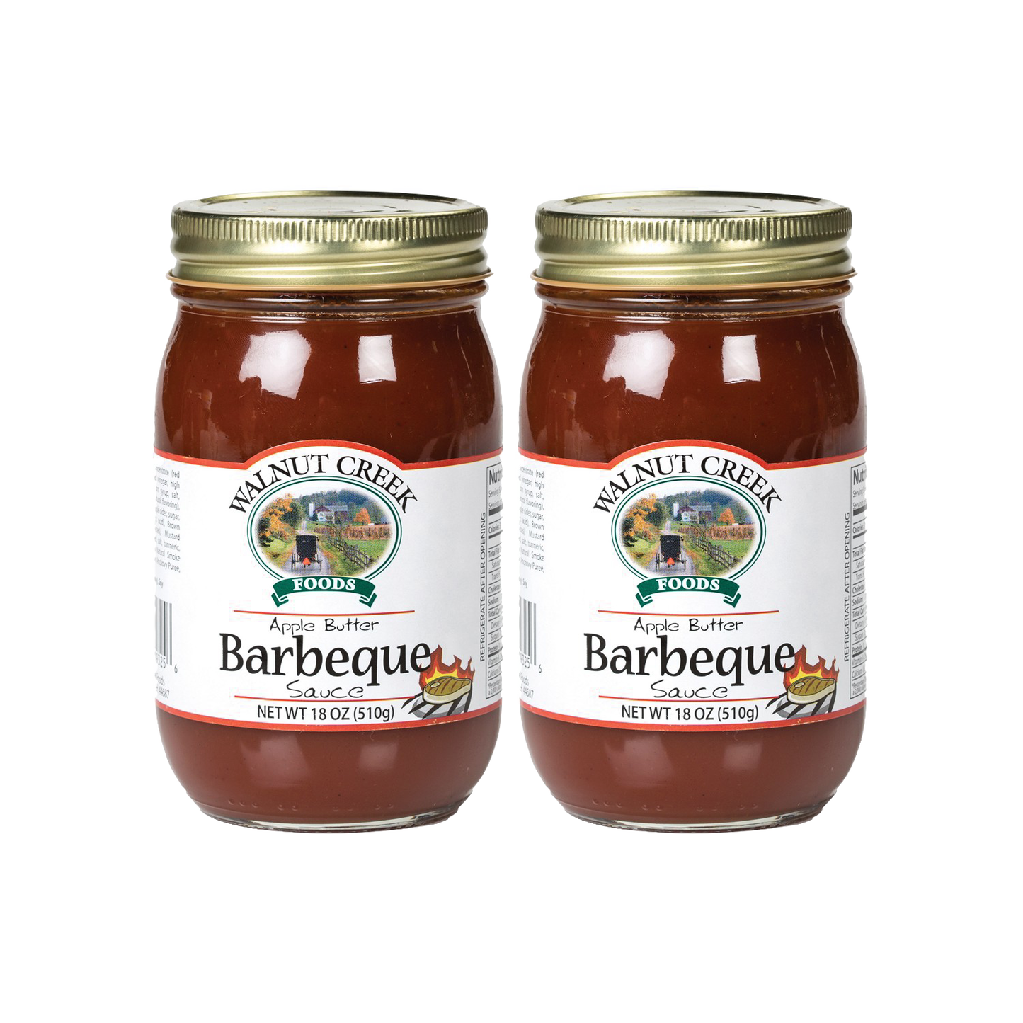 Pair of handcrafted glass jars with gold metal lids containing apple butter barbeque sauce, made in USA, featured in Farm, Garden & Tool, Kitchen & Food, Apple Harvest Supplies, Food, Pantry, USA Made, Best Sellers, and Promo Eligible collections.