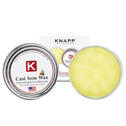 Round metal tins of KNAPP Cast Iron Wax for seasoning and conditioning cookware, featuring a natural beeswax blend and proudly made in the USA, ideal for Kitchen & Food, Cookware, and Cast Iron collections.