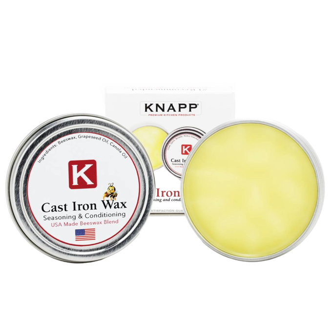 Round metal tins of KNAPP Cast Iron Wax for seasoning and conditioning cookware, featuring a natural beeswax blend and proudly made in the USA, ideal for Kitchen & Food, Cookware, and Cast Iron collections.