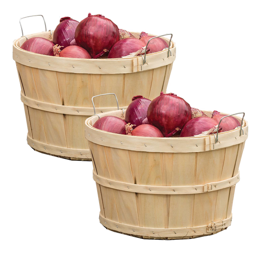 Handcrafted raw poplar wood half bushel baskets with metal wire handles filled with red onions, ideal for Farm, Garden & Tool, Garden Accessories, USA Made, Best Sellers, Promo Eligible collections.