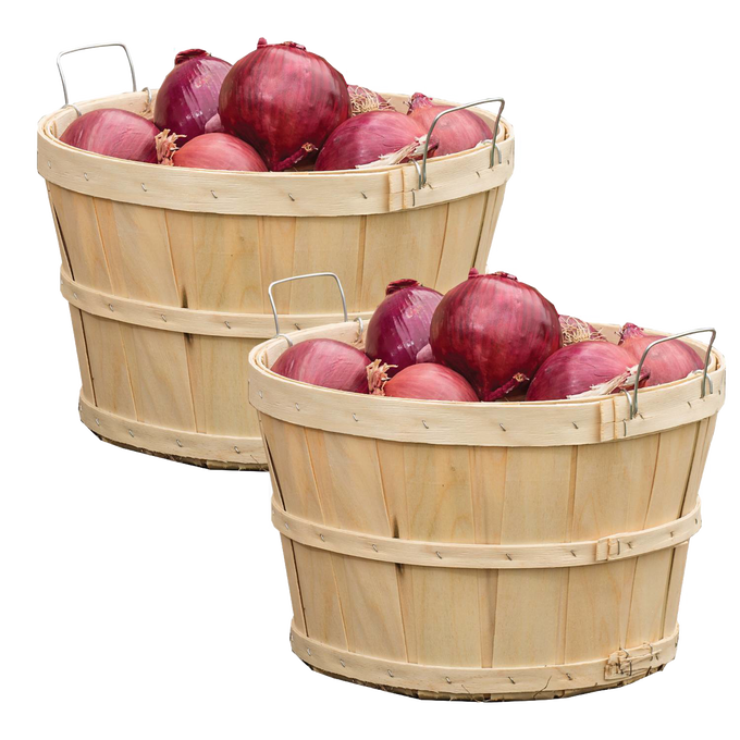 Handcrafted raw poplar wood half bushel baskets with metal wire handles filled with red onions, ideal for Farm, Garden & Tool, Garden Accessories, USA Made, Best Sellers, Promo Eligible collections.