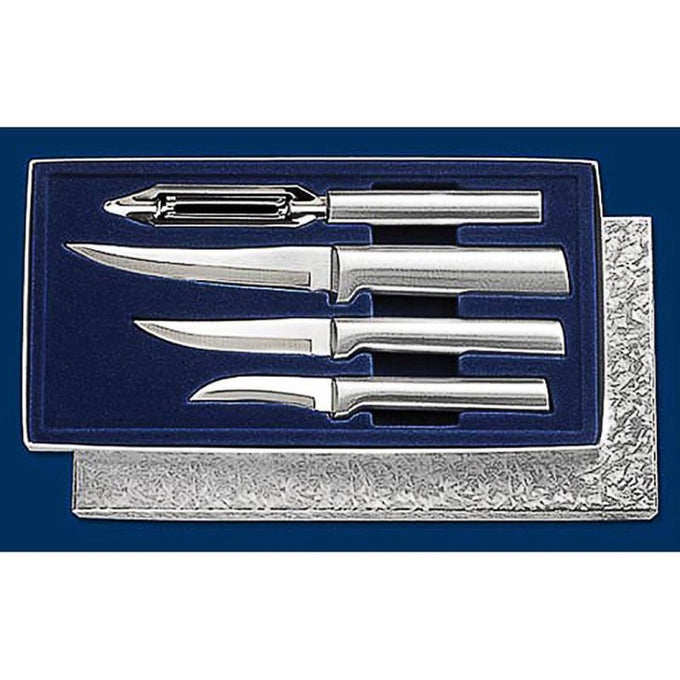 Handcrafted stainless steel set of three paring knives and a vegetable peeler in a textured gift box, made in USA, ideal for Kitchen & Food and Farm, Garden & Tool collections.