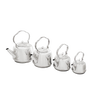 Set of four polished stainless steel teakettles with curved handles, designed for quick boiling on campfires or stovetops, featured in Farm, Garden & Tool and Camping collections.