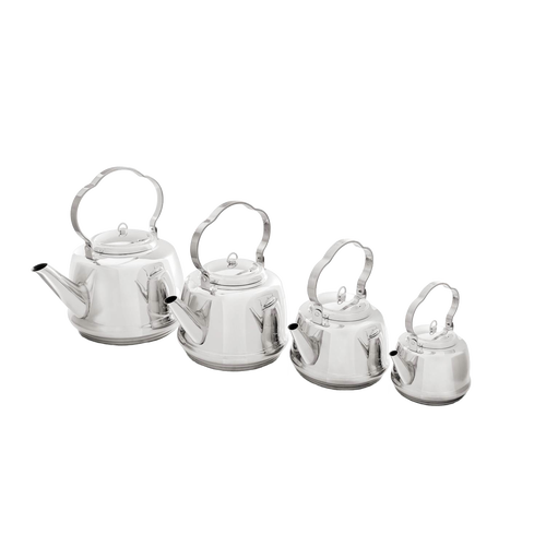 Set of four polished stainless steel teakettles with curved handles, designed for quick boiling on campfires or stovetops, featured in Farm, Garden & Tool and Camping collections.