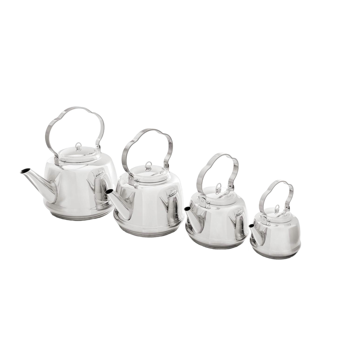 Set of four polished stainless steel teakettles with curved handles, designed for quick boiling on campfires or stovetops, featured in Farm, Garden & Tool and Camping collections.