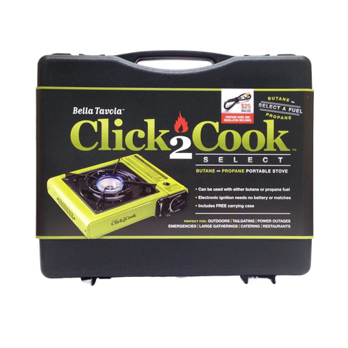 Black hard plastic carrying case with handle, featuring a label displaying a lime green portable stove with one burner, electronic ignition, and butane or propane fuel options, designed for outdoor, camping, emergency, and tailgating use.