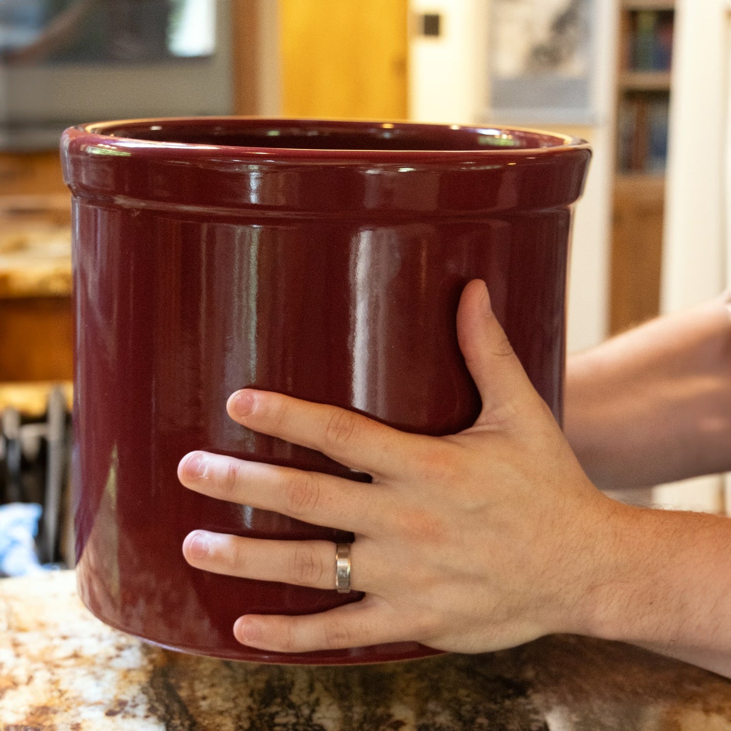 Deep red handmade stoneware crock with a smooth, food-safe glaze, ideal for kitchen use and food preservation, featured in Kitchen & Food, Food Preservation, and USA Made collections.